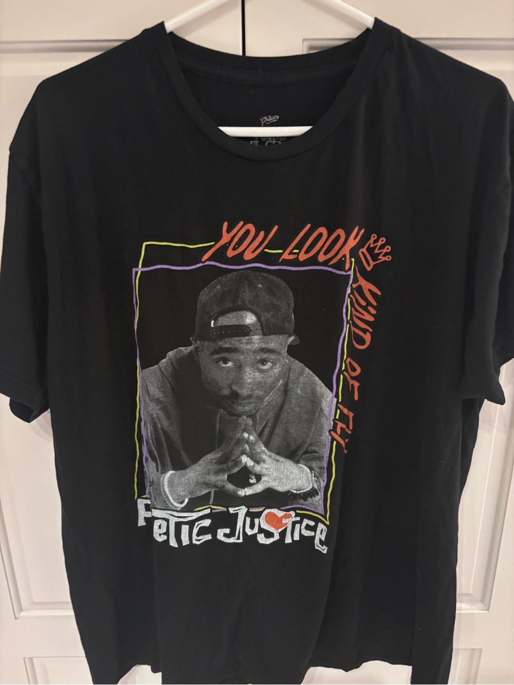 Justice Black Graphic Tupac Tribute Tee with Neon Accents